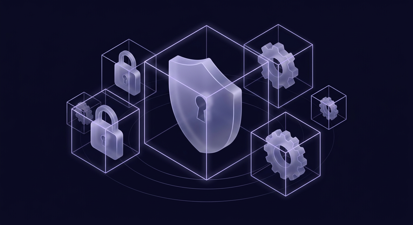 Isometric view of security components: shields, locks and gears